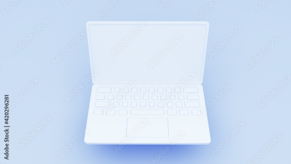 3D top view illustration of a white flat simple minimal laptop mobile device. 3d mockup rendering of a mobile computer notebook in smooth soft material with blank screen isolated on background. 3D top view illustration of a white flat simple minimal laptop mobile device. 3d mockup rendering of a mobile computer notebook in smooth soft material with blank screen isolated on background.