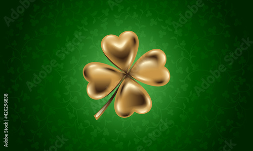 Golden clover leaf, vector illustration for St. Patrick day. Isolated four-leaf on green floral background. Jewelry 3d design