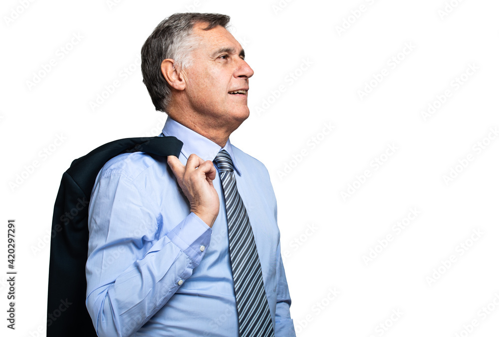 Senior manager isolated on white holding his jacket Senior manager isolated on white holding his jacket