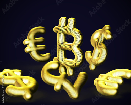 Digital golden 3D Bitcoin cryptocurrency logo surrounded by scattered fiat currencies signs on blue background. Concept of crypto investing and stock exchange trading. Vector illustration, EPS 10.