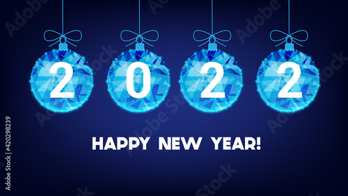 New Year polygonal balls. Happy New Years 2020. Background of beautiful dark blue night sky. Low poly.