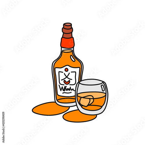 Whiskey bottle and glass superimposed outline icon on white background. Colored cartoon sketch graphic design. Doodle style. Hand drawn image. Party drinks concept. Freehand drawing style