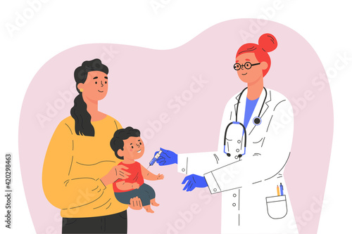 Female doctor makes a vaccine to a child. Concept illustration for immunity health. Woman with baby in hospital. Doctor in a medical gown and gloves. Flat illustration isolated on white background. 
