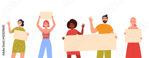 Teenagers showing posters. Collection of young men and women standing and holding blank banner. Male and female protesters or activists. Political meeting and protest. Vector trendy illustration.