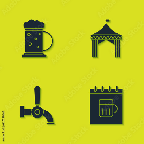 Set Wooden beer mug, Saint Patricks day calendar, Beer tap and Camping tent icon. Vector