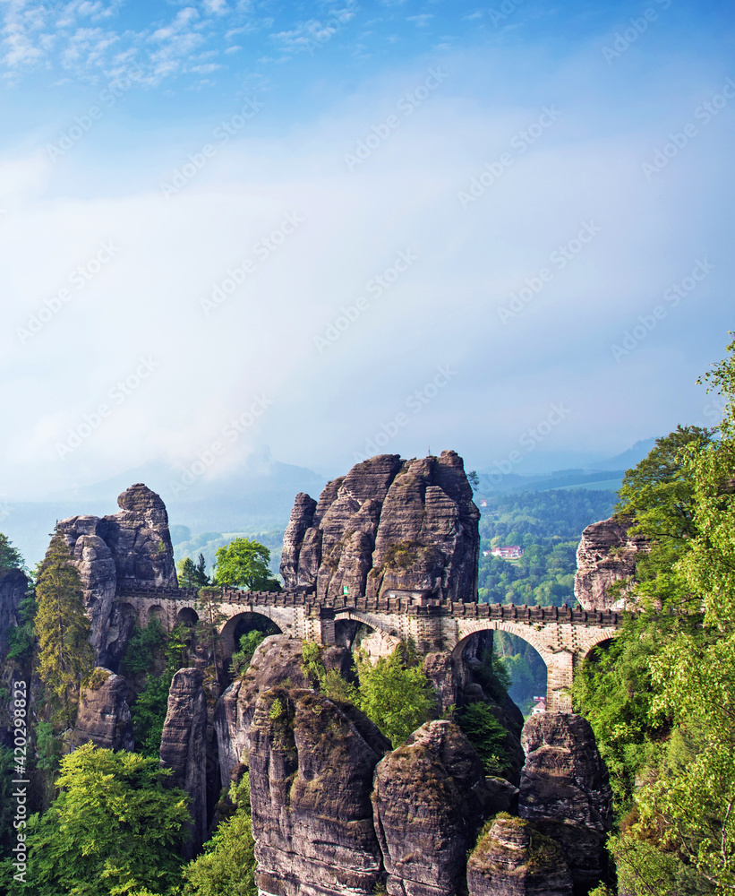 Bridge between rocks near Rathen, Germany, Europe (Sachsische Schweiz)