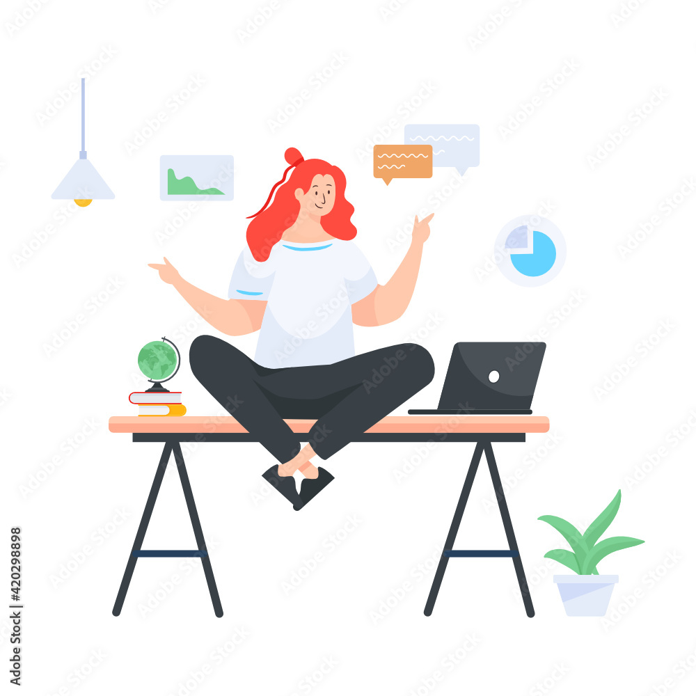 Fototapeta premium Female having office yoga in flat illustration