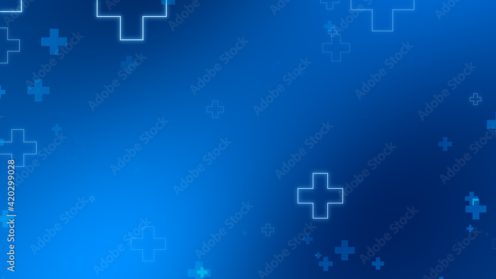 Fototapeta premium Abstract medical blue cross neon light shapes pattern background.
