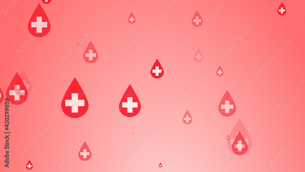 Naklejka premium Medical health cross white on red blood drop pattern background. Abstract healthcare for World Blood Donor Day.