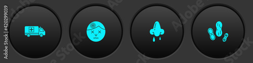 Set Emergency car, Man having headache, Runny nose and Peanut icon. Vector