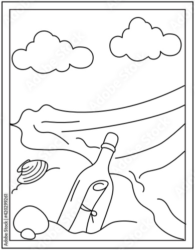 
Message bottle hand drawn vectors, kids coloring page 

