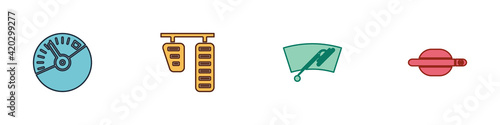 Set Speedometer, Car gas and brake pedals, Windscreen wiper and door handle icon. Vector