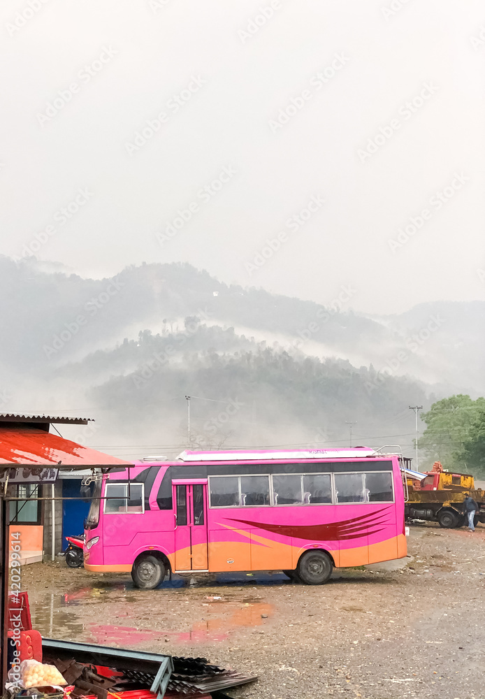 pink bus on the road, bus on the mountain