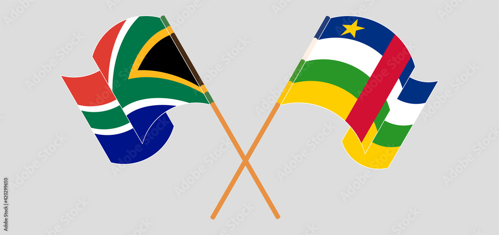 Crossed flags of Republic of South Africa and Central African Republic. Official colors. Correct proportion Crossed flags of Republic of South Africa and Central African Republic. Official colors. Correct proportion