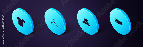 Set Isometric Sport socks, Elegant women hat, Hanger wardrobe and T-shirt icon. Vector