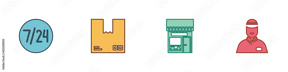Set Clock 24 hours, Cardboard box with traffic symbol, Shopping building or market store and Seller icon. Vector Set Clock 24 hours, Cardboard box with traffic symbol, Shopping building or market store and Seller icon. Vector
