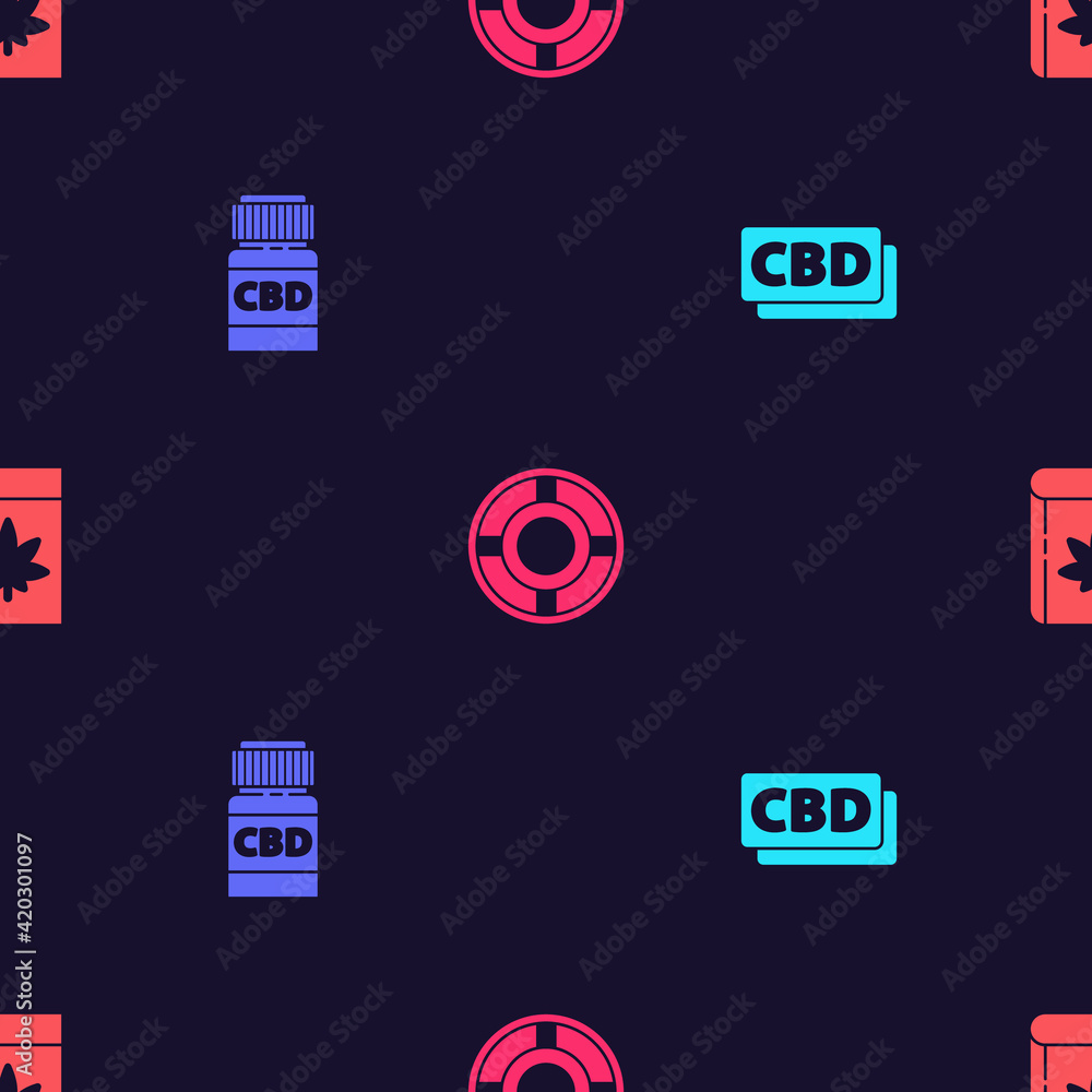 Set Cannabis molecule, Medical bottle with cannabis, Ashtray and Book and marijuana or on seamless pattern. Vector Set Cannabis molecule, Medical bottle with cannabis, Ashtray and Book and marijuana or on seamless pattern. Vector