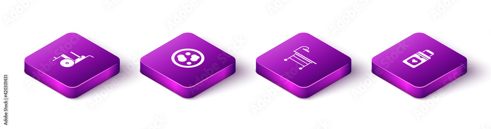Set Isometric Wheelchair for disabled person, Petri dish with bacteria, Operating table and Organ container icon. Vector Set Isometric Wheelchair for disabled person, Petri dish with bacteria, Operating table and Organ container icon. Vector