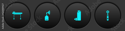 Set Stretcher, Medical oxygen mask, Inhaler and Electric toothbrush icon. Vector