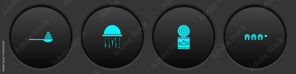Set Caviar on a spoon, Jellyfish, Canned and Grilled steak icon. Vector Set Caviar on a spoon, Jellyfish, Canned and Grilled steak icon. Vector