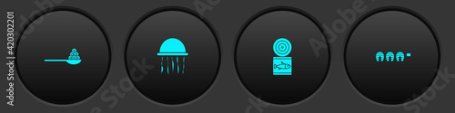 Set Caviar on a spoon, Jellyfish, Canned and Grilled steak icon. Vector