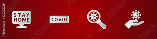 Set Stay home, Corona virus covid-19, Virus under magnifying glass and Hand with icon. Vector