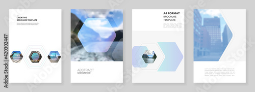 A4 brochure layout of covers templates for flyer leaflet, A4 format brochure design, report, presentation, magazine cover, book design. Corporate identity business concept background with hexagons.
