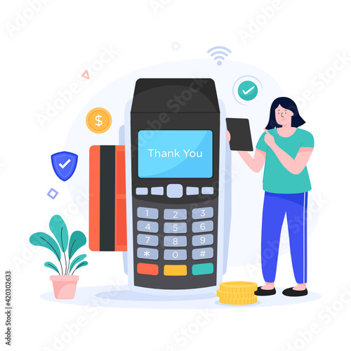 
Cash till with card, easy payment illustration in flat design 

