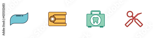 Set Toothpaste, Dentures model, First aid kit and Dental inspection mirror icon. Vector