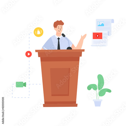 
Public speaker on a dais, flat illustration

