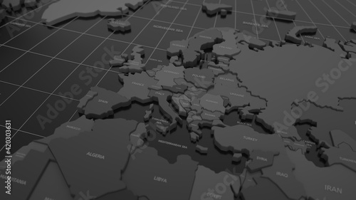 black gray 3d map of Europe