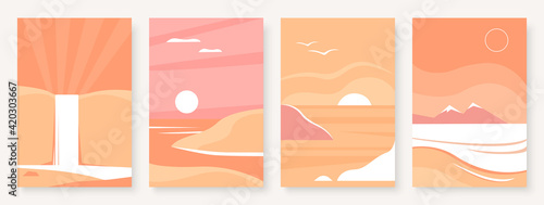 Mountain abstract landscape vector illustration set. Simple minimal nature mountainous scenery in pastel color, tree, road natural scene, vertical modern wall template background