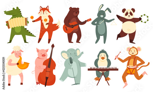 Animals play music vector illustration set. Cartoon cute animalistic orchestra, band of domestic or wild animal musician characters playing different musical instruments collection isolated on white