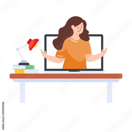 
A female online lecturer in a laptop, flat illustration download


