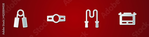 Set Sport expander, Boxing belt, Jump rope and Stopwatch icon. Vector