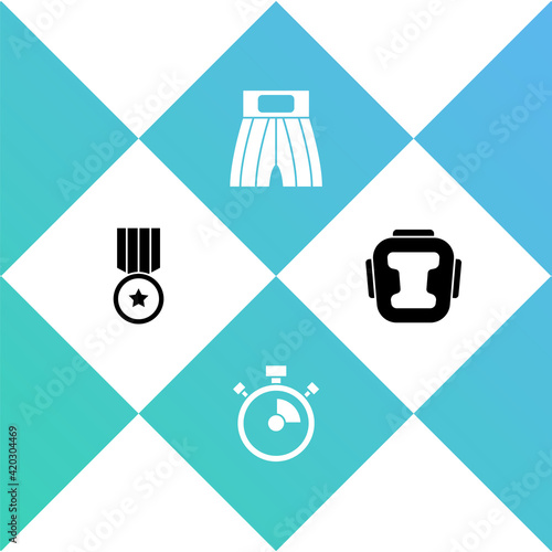 Set Medal, Stopwatch, Boxing short and helmet icon. Vector
