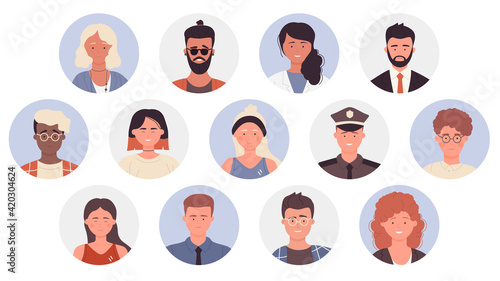 Fototapeta Naklejka Na Ścianę i Meble -  People profile user avatars of different professions vector illustration set. Cartoon man woman professional worker portraits collection, male and female faces circle avatars isolated on white