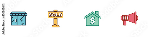 Set Market store, Hanging sign with text Sold, House dollar symbol and Megaphone icon. Vector Free Download Set Market store, Hanging sign with text Sold, House dollar symbol and Megaphone icon. Vector - GFXLoad
