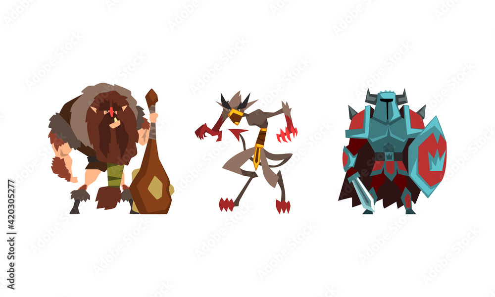 Fantastic Magical Creature Characters Set, Caveman with Cudgel, Powerful Knight Cartoon Vector Illustration
