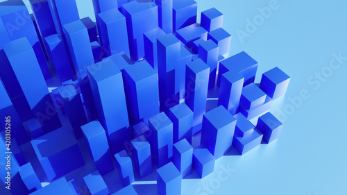 Blue 3d render prisms abstract background. Square tridimensional prisms group as simple minimal skyscrappers building in a geometric minimalist city. Background full of 3d cubes rising and growing.