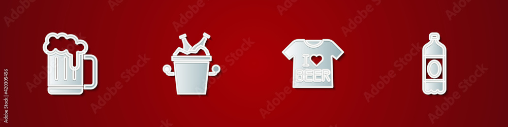 Set Wooden beer mug, Beer bottles in ice bucket, T-shirt and Plastic icon. Vector Set Wooden beer mug, Beer bottles in ice bucket, T-shirt and Plastic icon. Vector