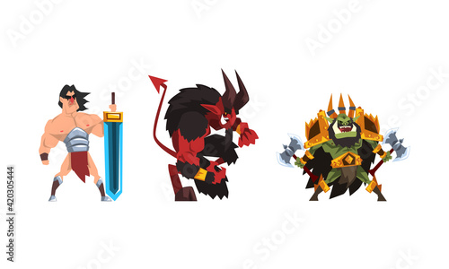 Warlike Fantastic Magical Creature Characters Set Cartoon Vector Illustration