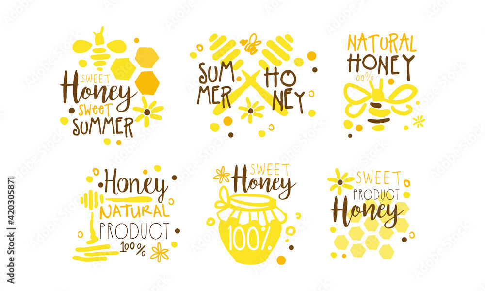 Natural Summer Honey Logo Templates Set, Organic Healthy Product Badges Hand Drawn Vector Illustration