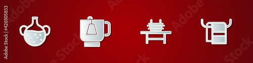 Set Essential oil bottle, Cup of tea with tea bag, Sauna bench bucket and Towel on hanger icon. Vector