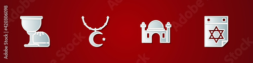 Set Holy grail or chalice, Star and crescent on chain, Muslim Mosque and Jewish calendar icon. Vector