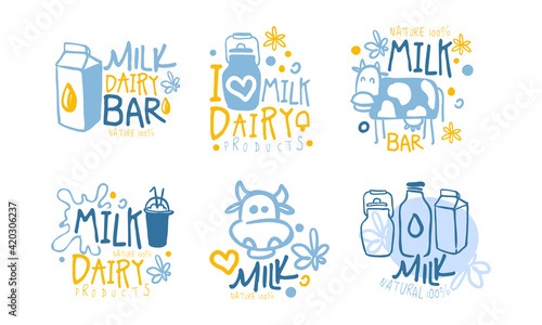 Milk Bar Logo Design Set, Natural Healthy Dairy Products Badges, Labels Cartoon Vector Illustration © topvectors