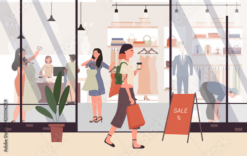 Female fashion sales at shopping mall vector illustration. Cartoon young woman shopper character walking next to shop store or boutique entrance where girl try on fashionable clothes background