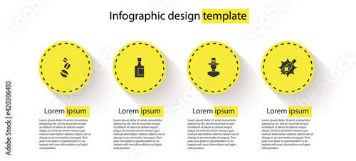 Set Coffee beans, Tequila bottle, Mexican man sombrero and Tabasco sauce. Business infographic template. Vector