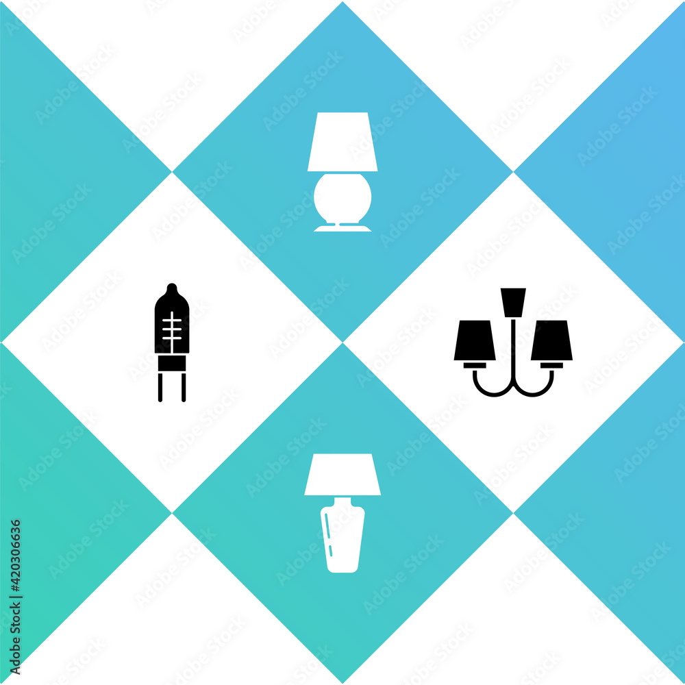 Set Light emitting diode, Table lamp, and Chandelier icon. Vector Set Light emitting diode, Table lamp, and Chandelier icon. Vector