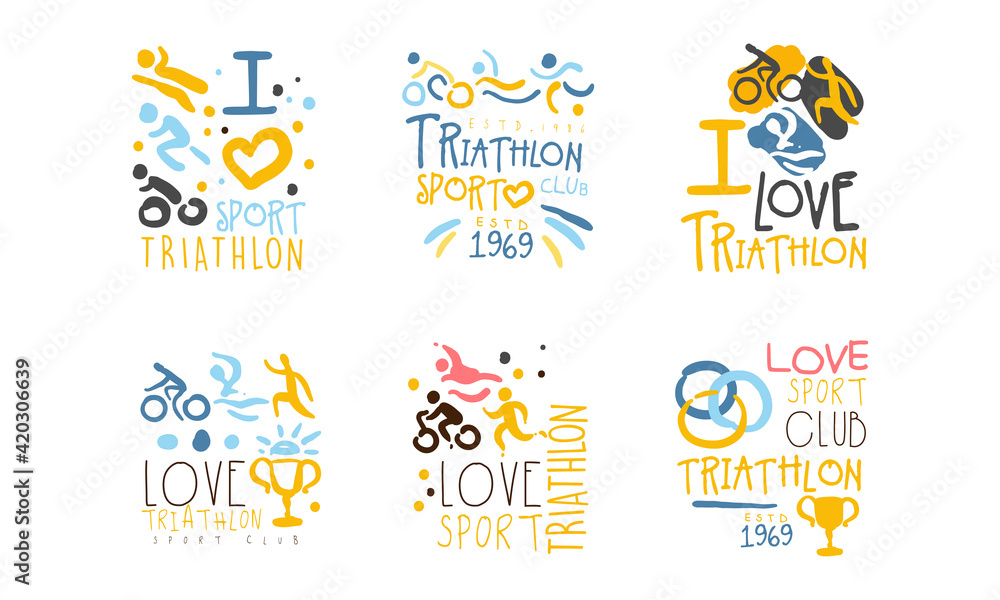 Triathlon Sport Logo Design Set, Marathon, Competition, Tournament Emblems Cartoon Hand Drawn Vector Illustration